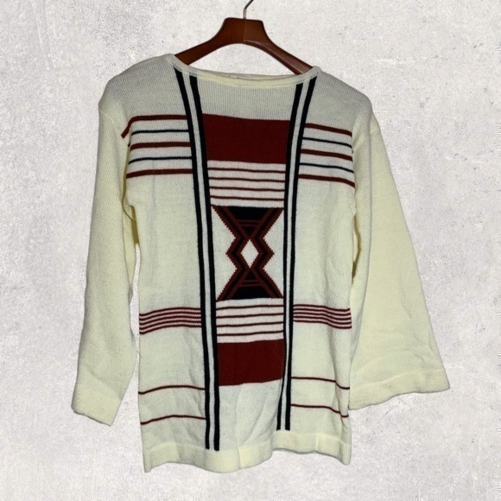 Kimlon vintage 60’s sweater cream, rust, black design. Hippie, boho, S